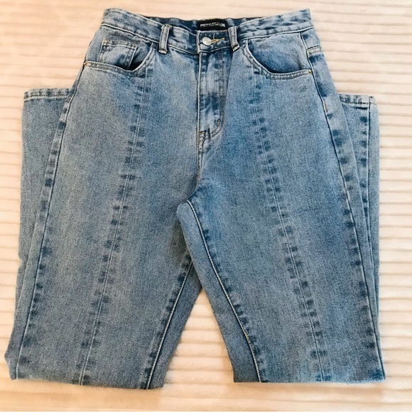 PRETTYLITTLETHING Mom Jeans High Rise Front Seam Zipper split hem Size US 4 UK 8 - Picture 1 of 10